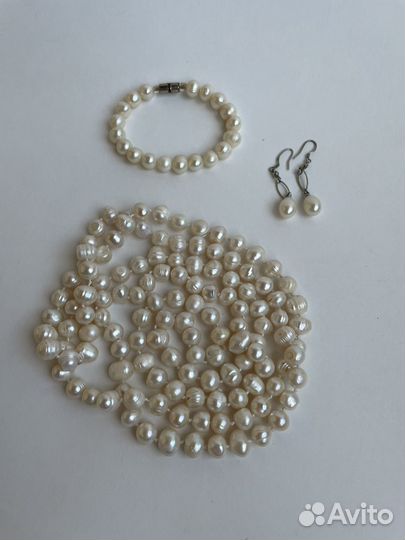 Бусы браслет и серьги из натурального жемчуга