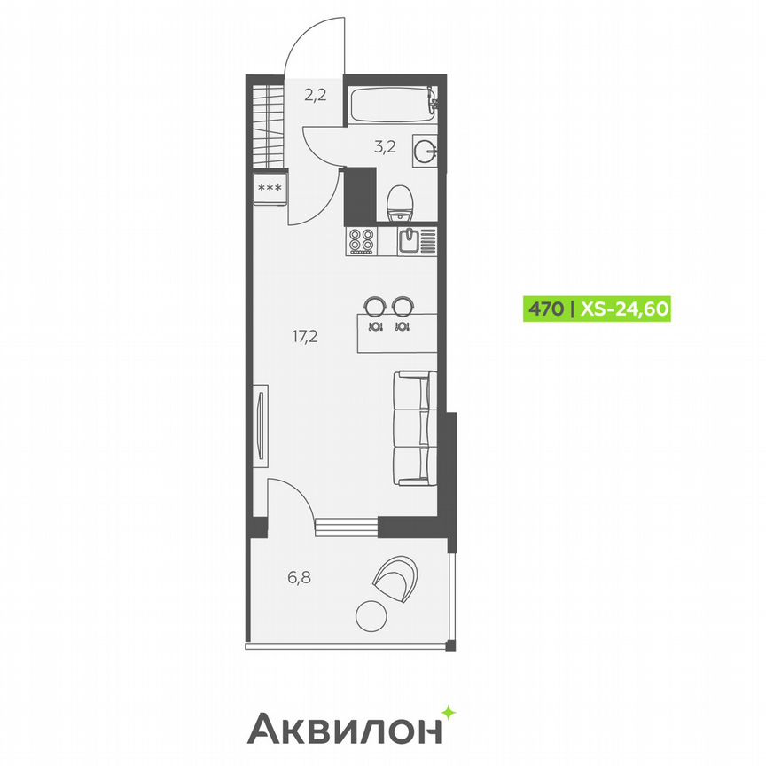 Квартира-студия, 24,6 м², 12/12 эт.