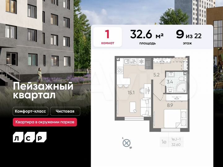 1-к. квартира, 32,6 м², 9/22 эт.