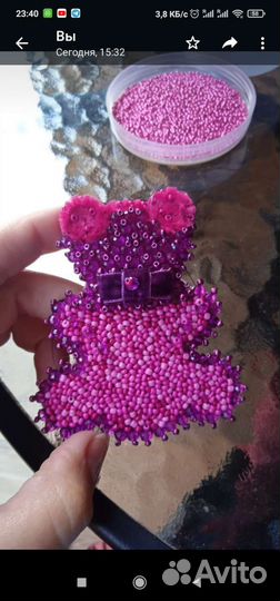 Бисер брошь мишка розовый