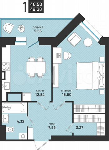 1-к. квартира, 49,4 м², 3/13 эт.