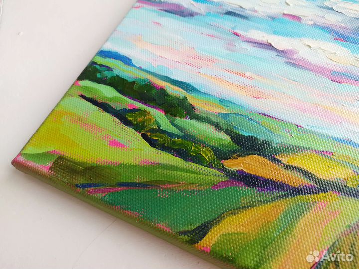 Картина маслом летний пейзаж поле небо облака