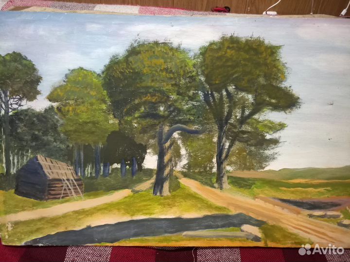 Старинная картина холст масло Изба в роще