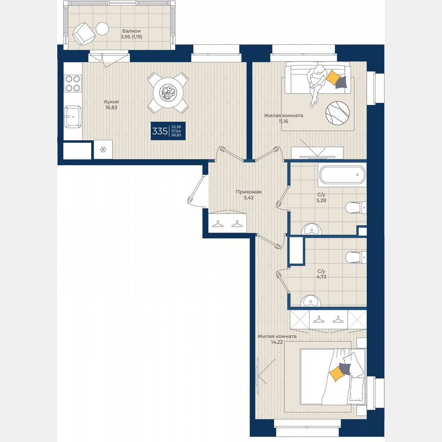 2-к. квартира, 58,8 м², 10/12 эт.