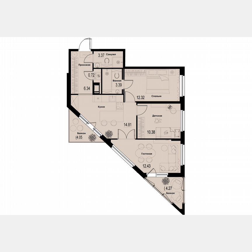 3-к. квартира, 66,3 м², 6/12 эт.