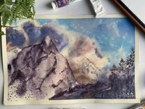 Картина акварель пейзаж «Горы Домбая» 29х18