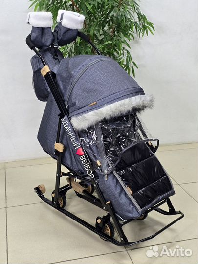 Санки-коляска Galaxy Glory Gloss (серо-зеленый)