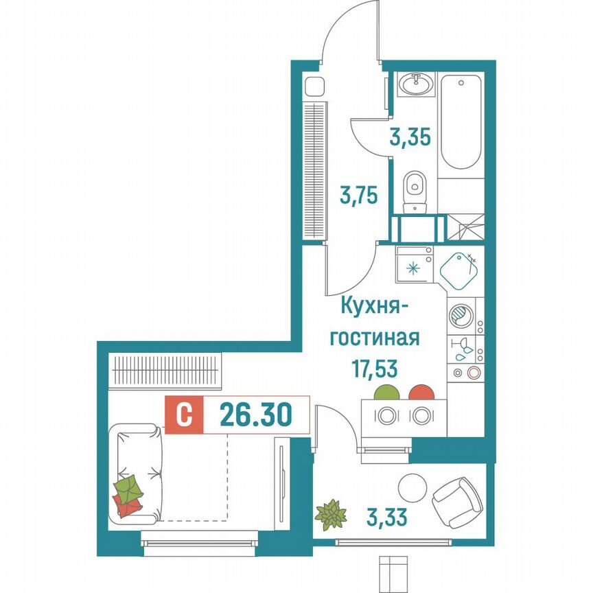 Квартира-студия, 26,3 м², 4/18 эт.