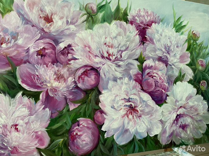 Картина маслом на холсте. Куст пионов