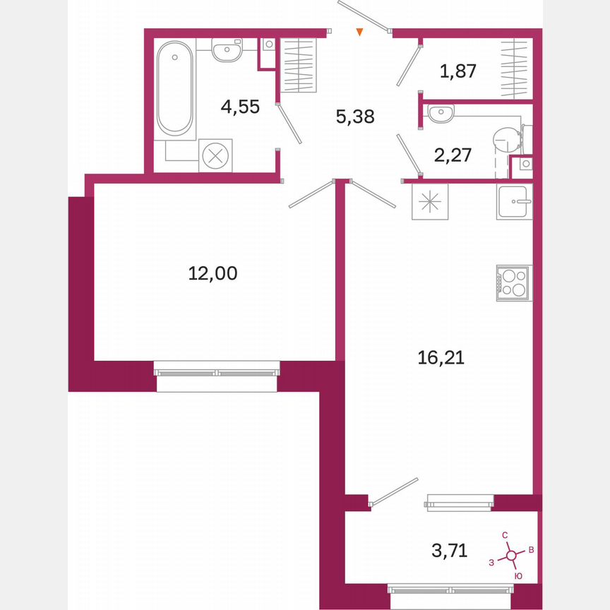 1-к. квартира, 44,1 м², 2/10 эт.