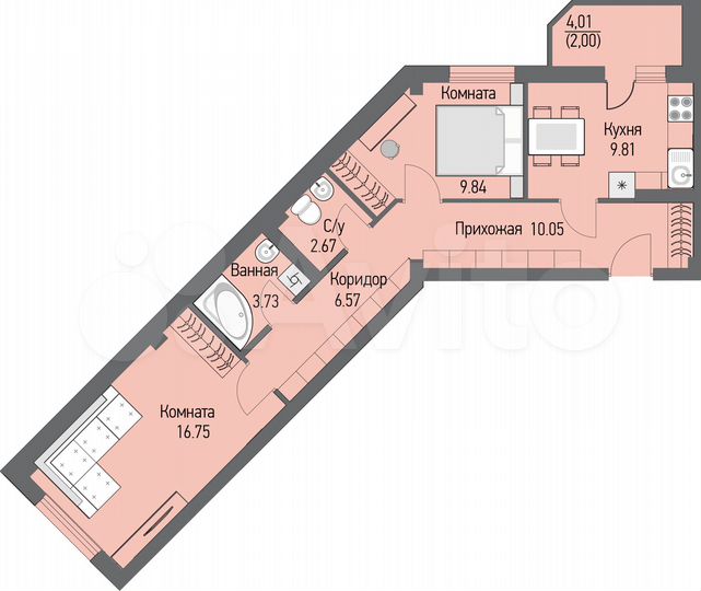 2-к. квартира, 60,2 м², 3/16 эт.