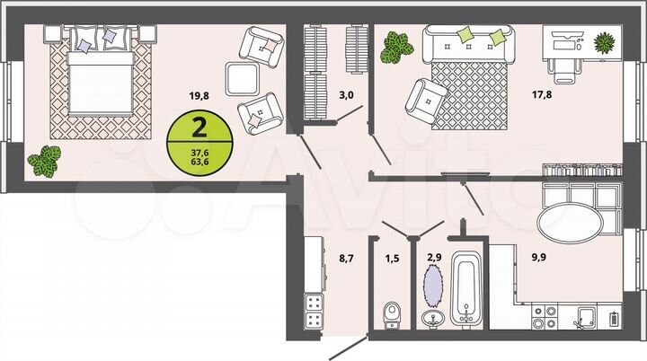 2-к. квартира, 63,6 м², 1/3 эт.
