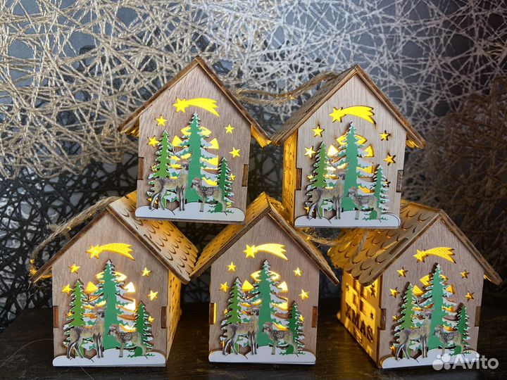 Деревянные светильники домики на елку игрушки