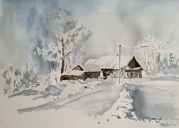 Картина, Зима, акварель пейзаж