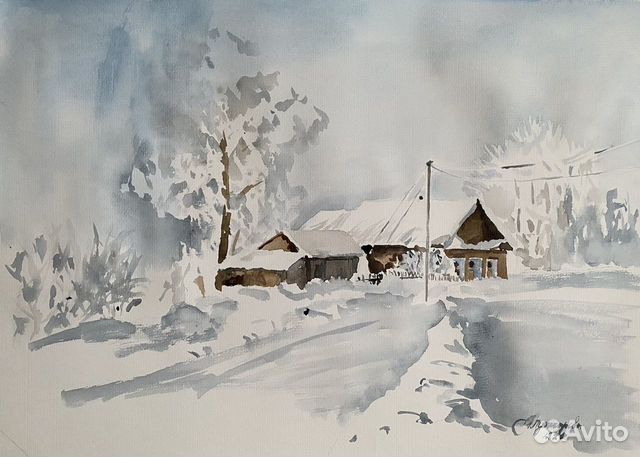 Картина, Зима, акварель пейзаж