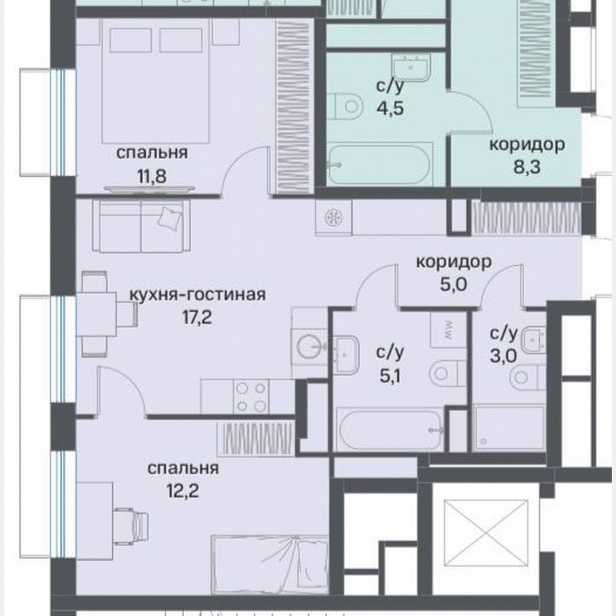 2-к. квартира, 54,3 м², 5/25 эт.