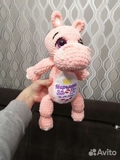 Игрушка бегемот или зайка с метрикой