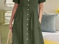 Платье Zanzea 58 разм. миди из хлопка зеленое хаки