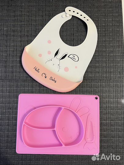 Силиконовая тарелка детская и нагрудник