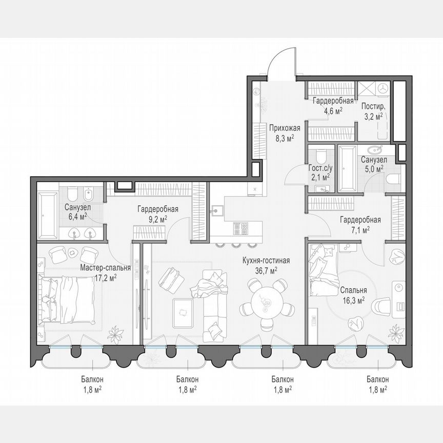2-к. квартира, 118,2 м², 4/13 эт.