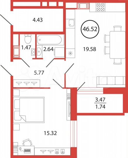 1-к. квартира, 46,5 м², 6/12 эт.