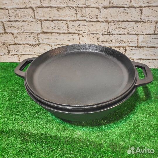 Казан вок чугунный с крышкой-сковородой