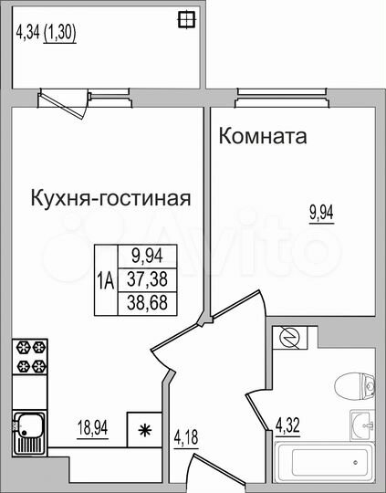 1-к. квартира, 38,3 м², 9/9 эт.