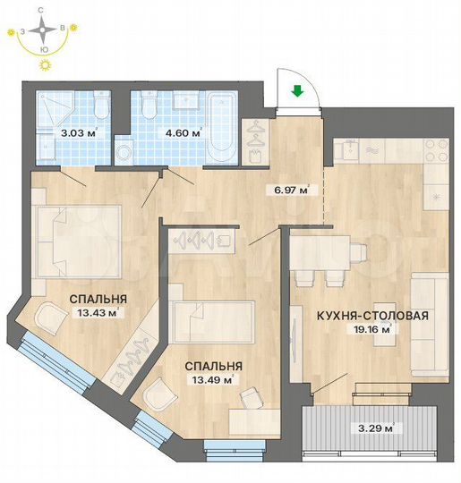 2-к. квартира, 64 м², 6/10 эт.