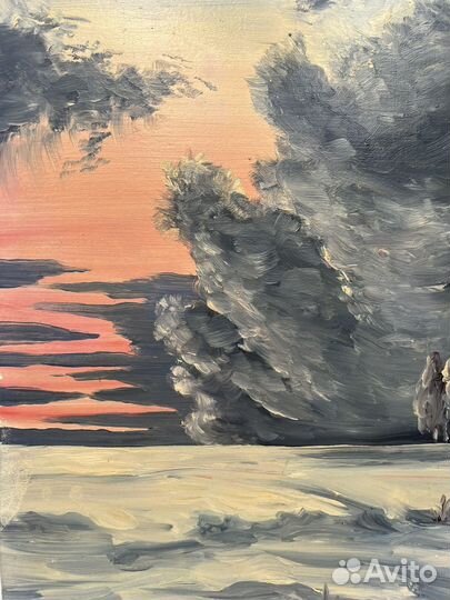 Картина Зимний Пейзаж Масло Картон 1990г