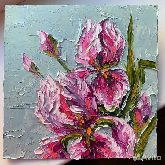 Картина маслом букет розовых ирисов цветы