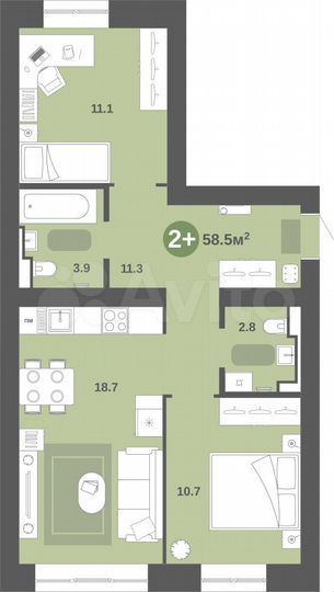 2-к. квартира, 58,5 м², 4/9 эт.