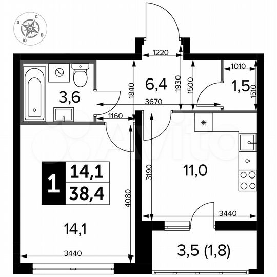 1-к. квартира, 38,4 м², 18/24 эт.