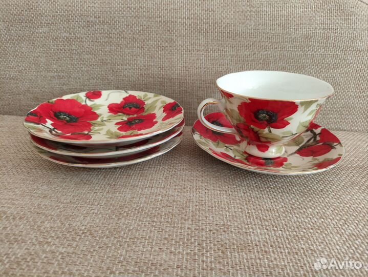 Чайная пара Маки и три блюдца фарфор