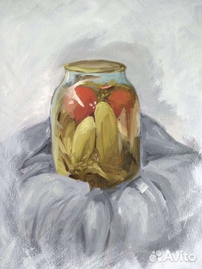Картина маслом банка с огурцами, картина на кухню