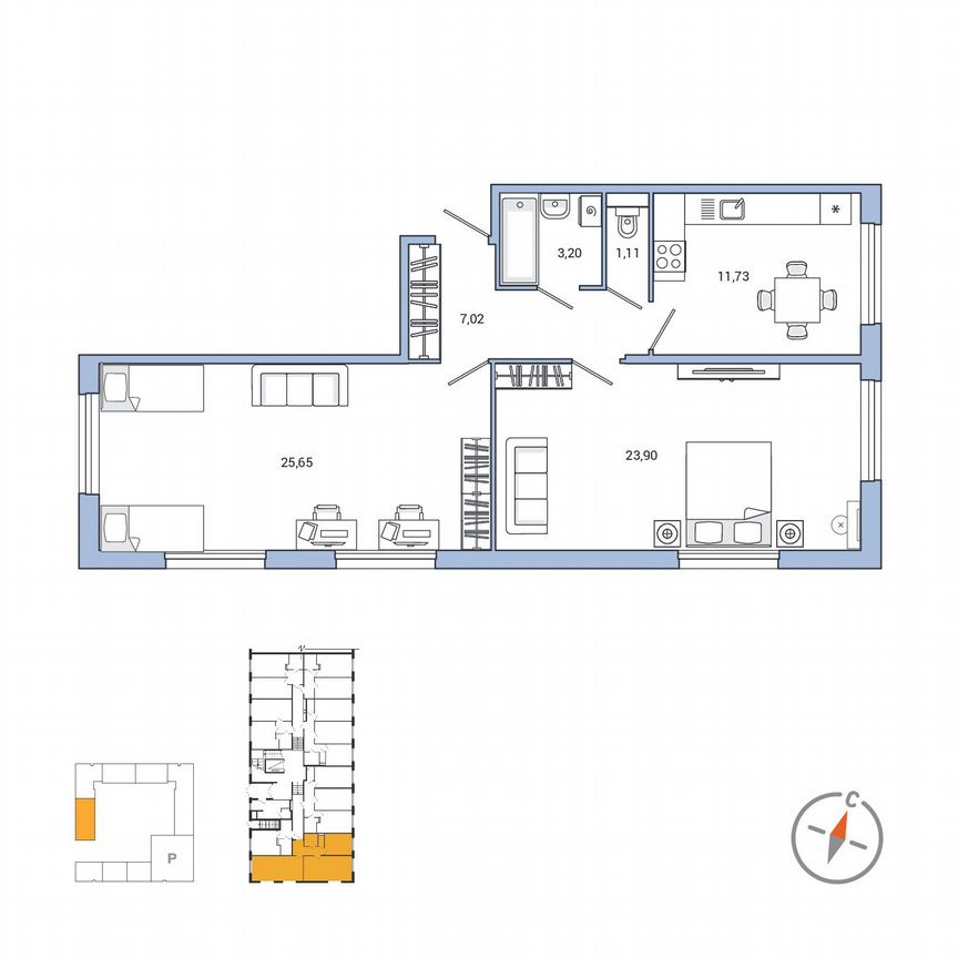 2-к. квартира, 72,2 м², 1/7 эт.