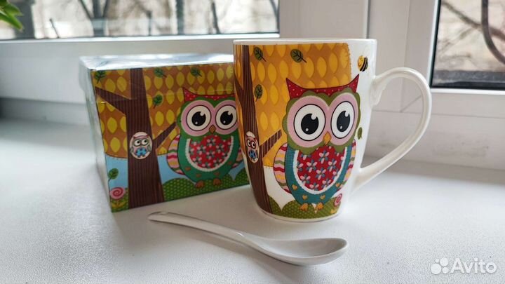 Новая кружка с ложкой керамическая, 370 мл, Совята