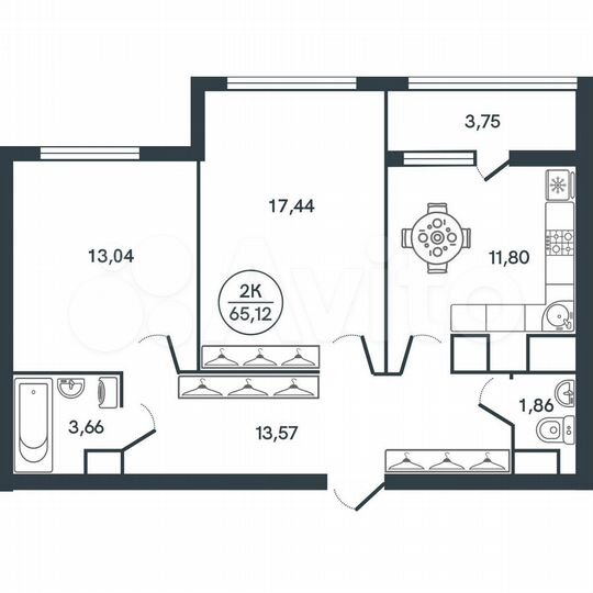 2-к. квартира, 65,1 м², 4/17 эт.