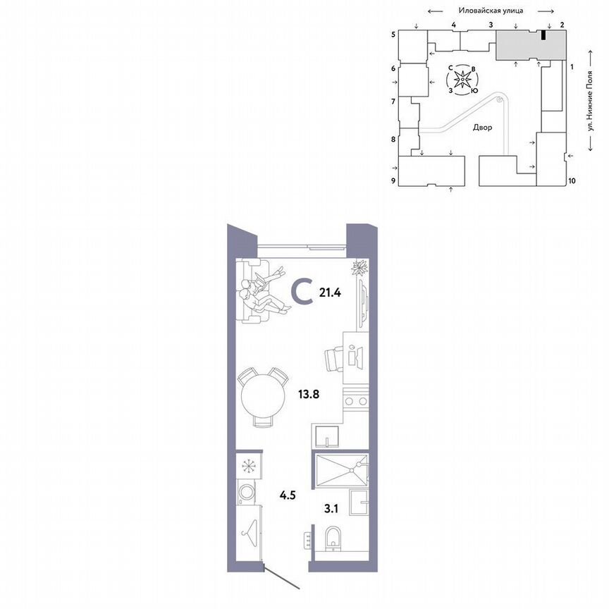 Квартира-студия, 21,4 м², 25/38 эт.