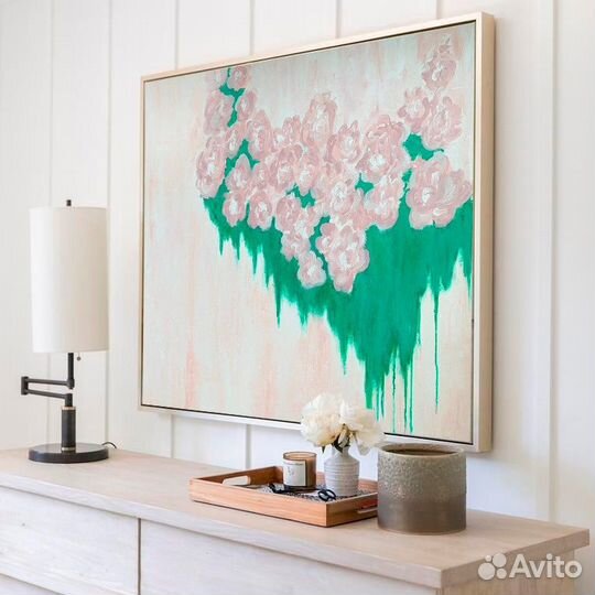 Картина абстрактная розовая с цветами, 70*90 см