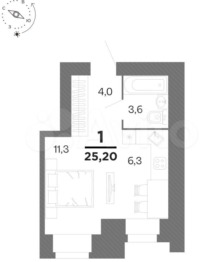 Квартира-студия, 25,2 м², 5/16 эт.