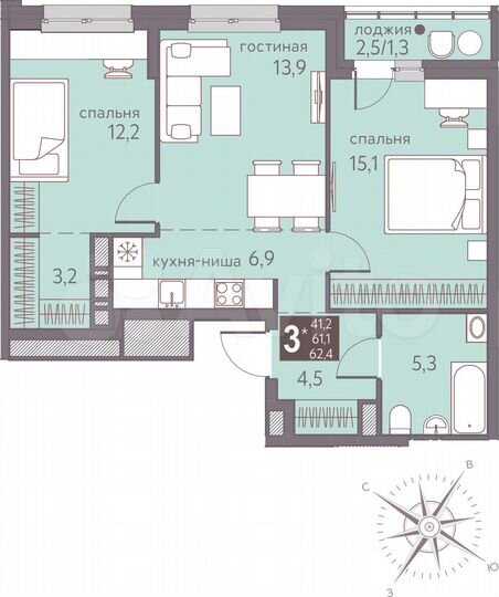 3-к. квартира, 62,4 м², 2/16 эт.