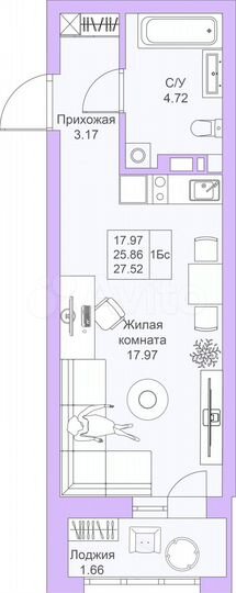 Квартира-студия, 27,5 м², 6/25 эт.