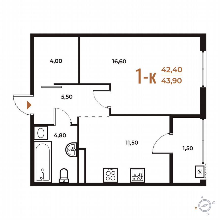 1-к. квартира, 43,9 м², 6/8 эт.