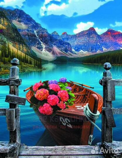 Алмазная мозаика 40x50 Букет гортензий на лодке