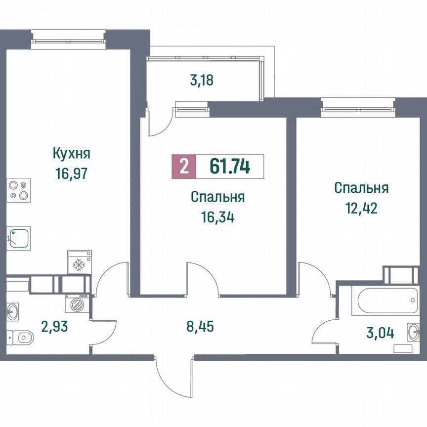 2-к. квартира, 61,7 м², 11/16 эт.