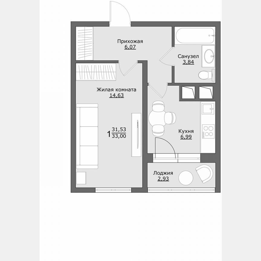 1-к. квартира, 33 м², 2/9 эт.