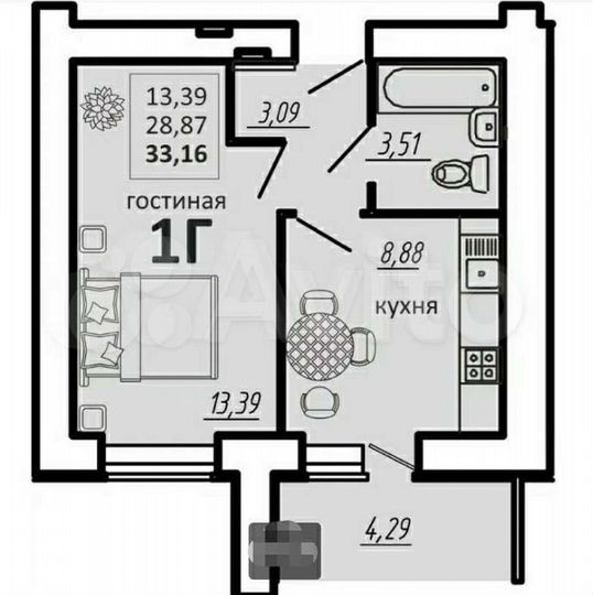 1-к. квартира, 33,1 м², 4/16 эт.