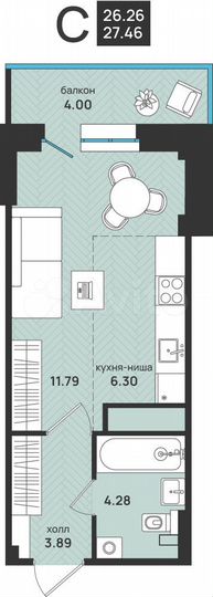 Квартира-студия, 27,5 м², 8/9 эт.