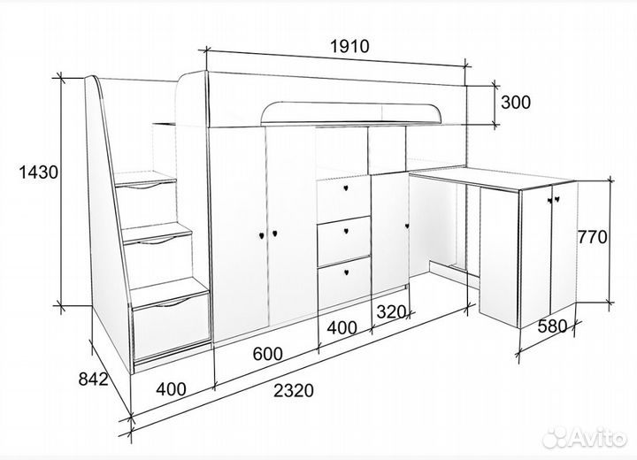 Кровать Чердак Со Столом и шкафом Белый/Салатовый
