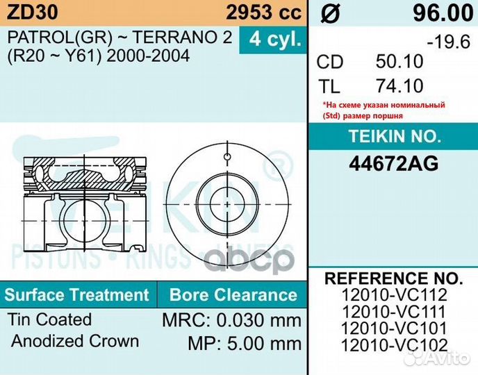 Поршень без колец nissan zd30 d96.0+0.50 Teikin 49